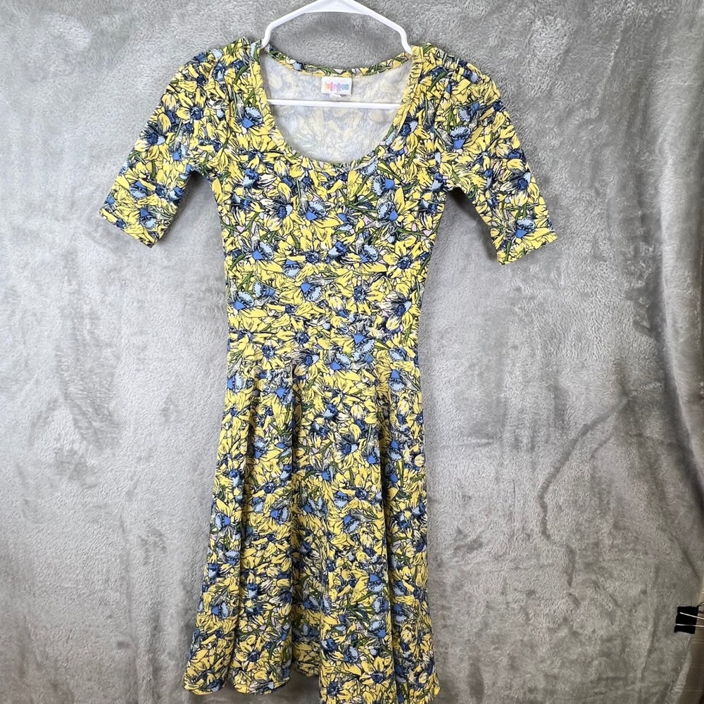 LuLaRoe Nicole‎ Dress XXS Yellow Blue Floral Fit Flare Cottagecore Spring Modest